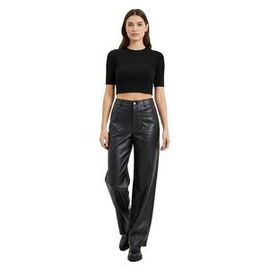 Zara Wide‎ Leg Faux Leather Pants Womens 10 Black Pockets Zip Button Chic Biker